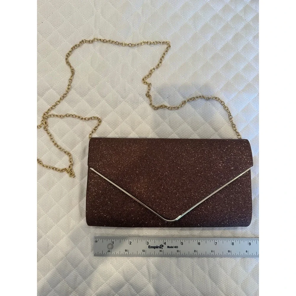 Bronze Glitter Envelope Clutch Bag Gold Chain Strap Evening Formal Crossbody